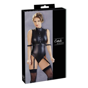 Bondage Wetlook Body med Strømpeholdere og Armlænker