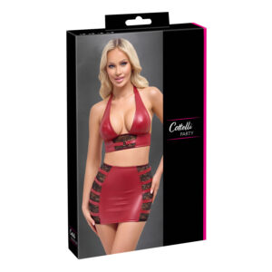 Rød Wetlook Crop Top med Stramt Nederdel