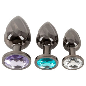 Anos Sort Metal Anal Plug Sæt med 3 Plugs og Smykkesten Sort