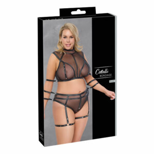 Transparent Plus Size Lingeri Sæt med Wetlook Striber og Håndjern