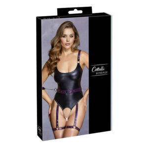 Wetlook Bustier med Lilla Stropper og Håndjern