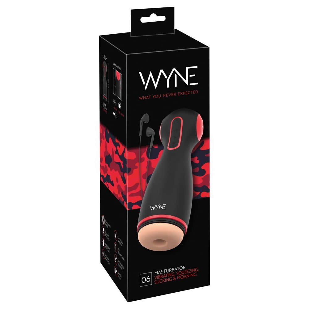 Wyne Masturbator 06 med Vibrator, Suge og Tryk Funktion Sort, Rød og Hud