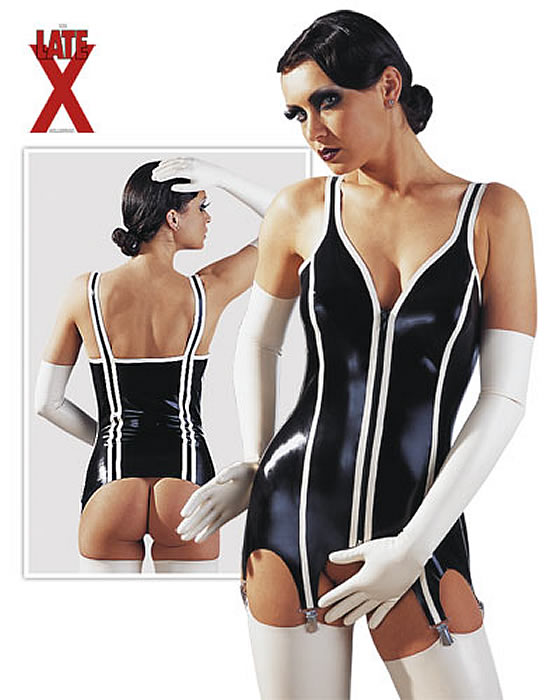 Latex Hofteholder Bustier sort og hvid S