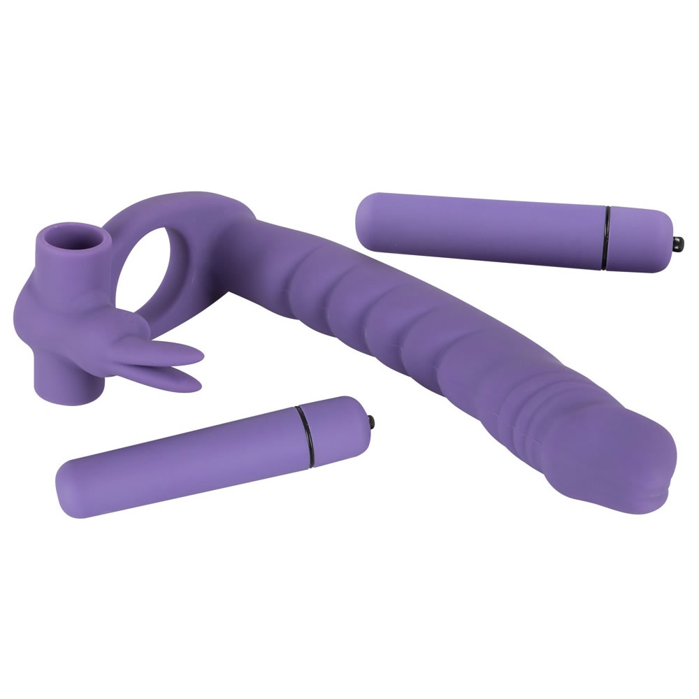 Strap-on DP Vibrator til ham med klitoris stimulator og Penisring Lilla - Billede 3