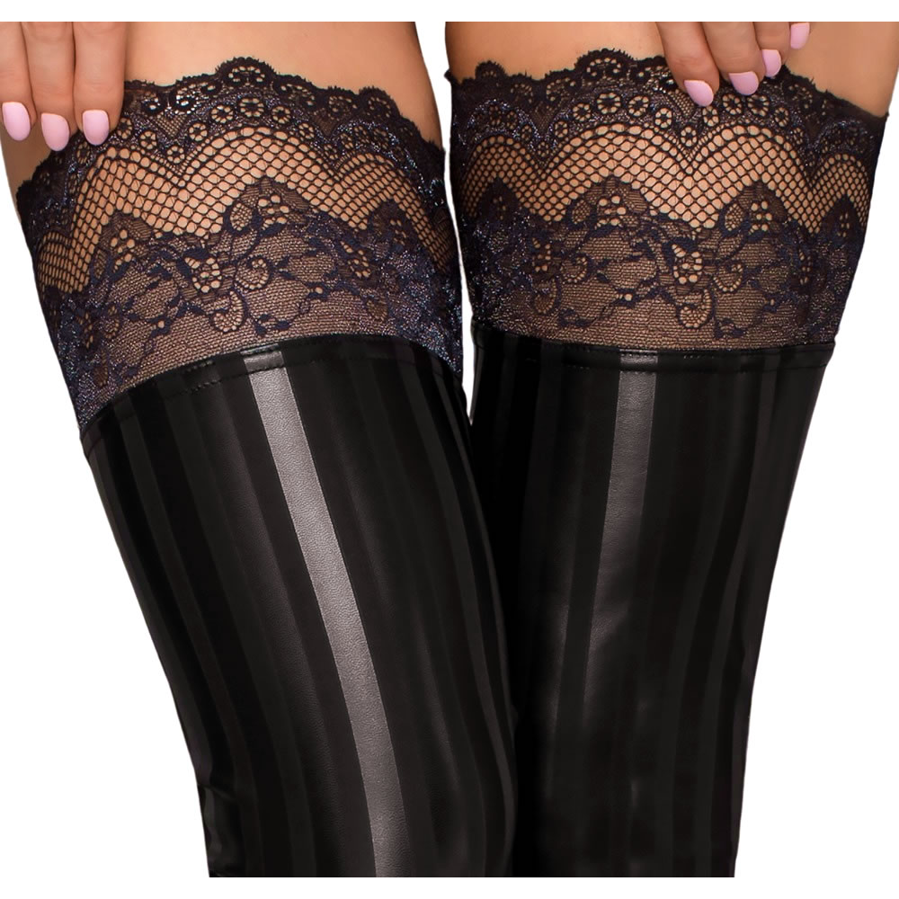 Noir Wetlook Stay-Up Strømper med Blondekant uden Fod - Billede 3