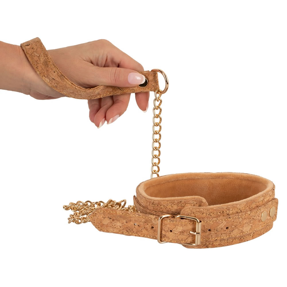 Vegan Fetish Halslænke med Snor Kork / Guld - Billede 3