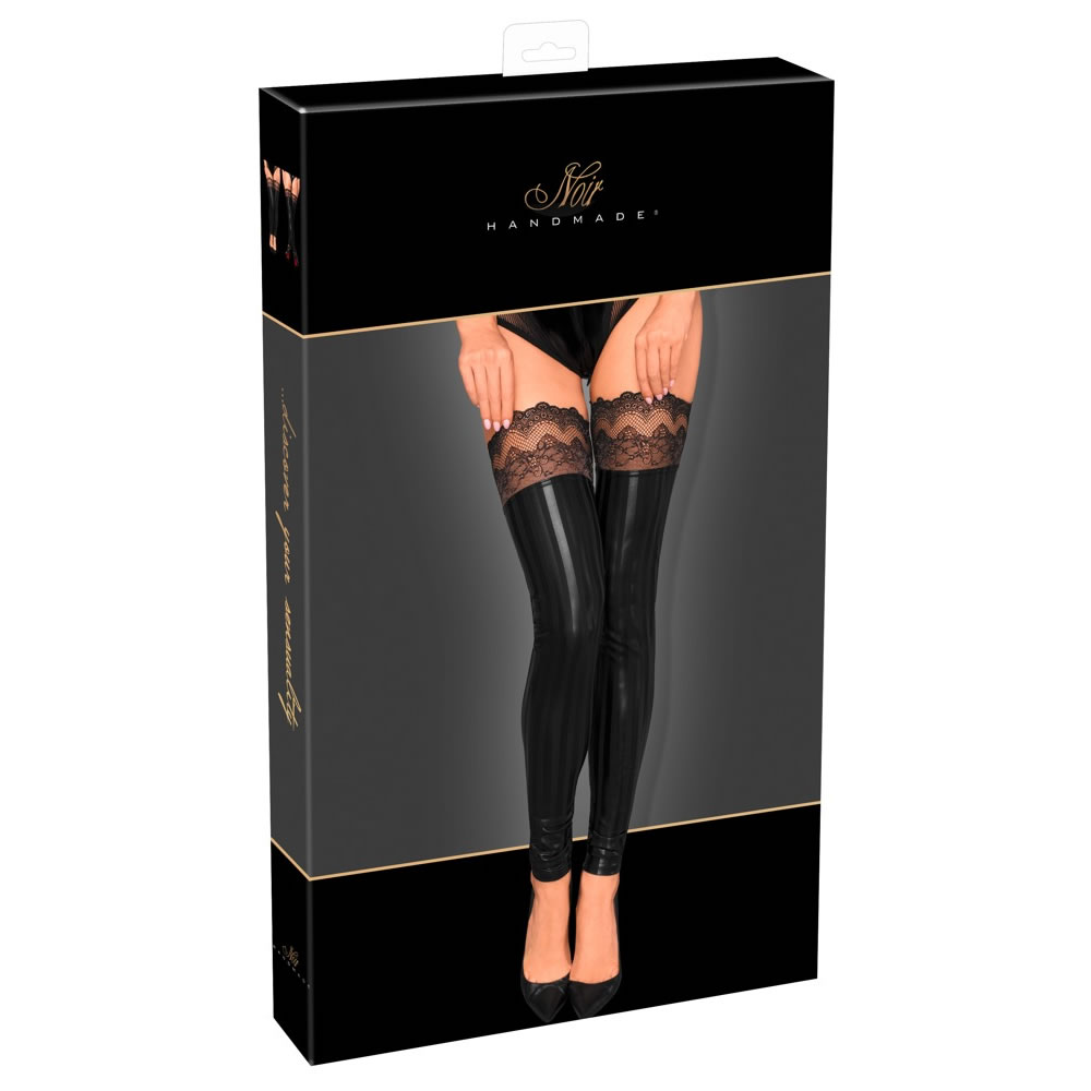Noir Wetlook Stay-Up Strømper med Blondekant uden Fod - Billede 2