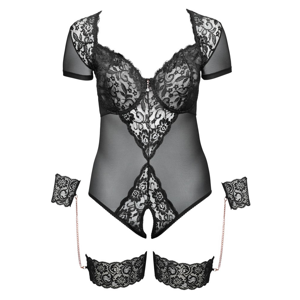 Plus Size Blonde Body med Strømpebånd og Håndjern - Billede 6