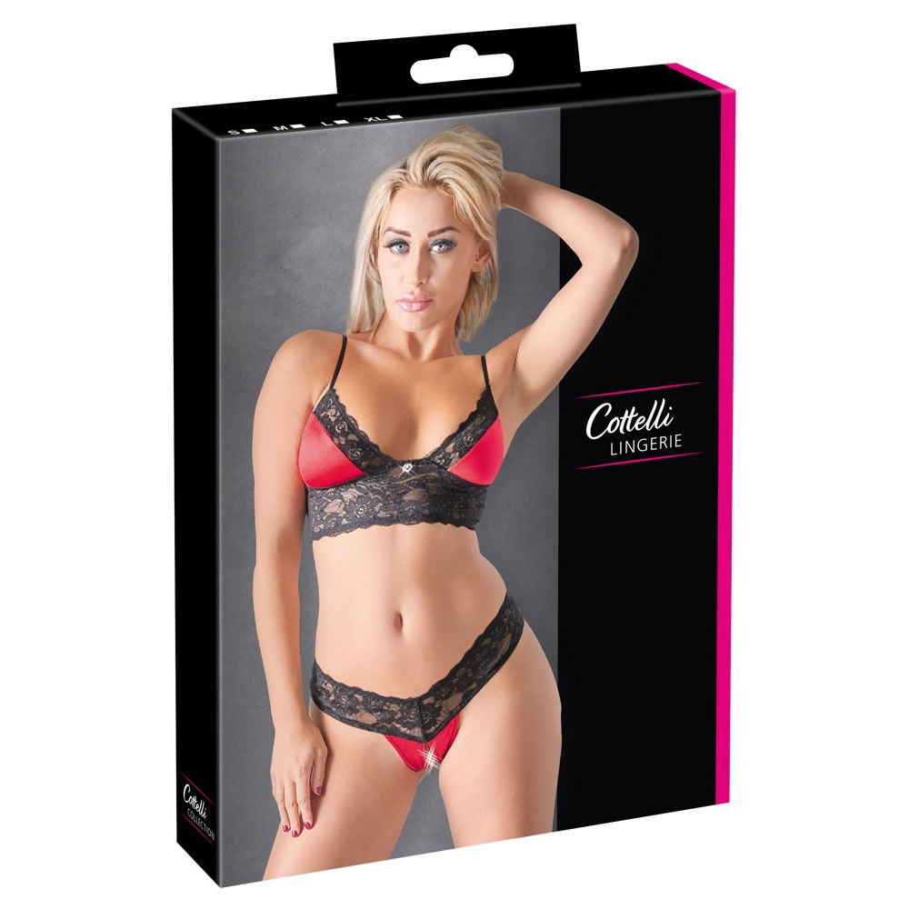 Soft Bralette BH med Bundløs G-Streng i Rød Satin & Blonder - Billede 2