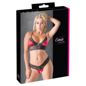 Soft Bralette BH med Bundløs G-Streng i Rød Satin & Blonder