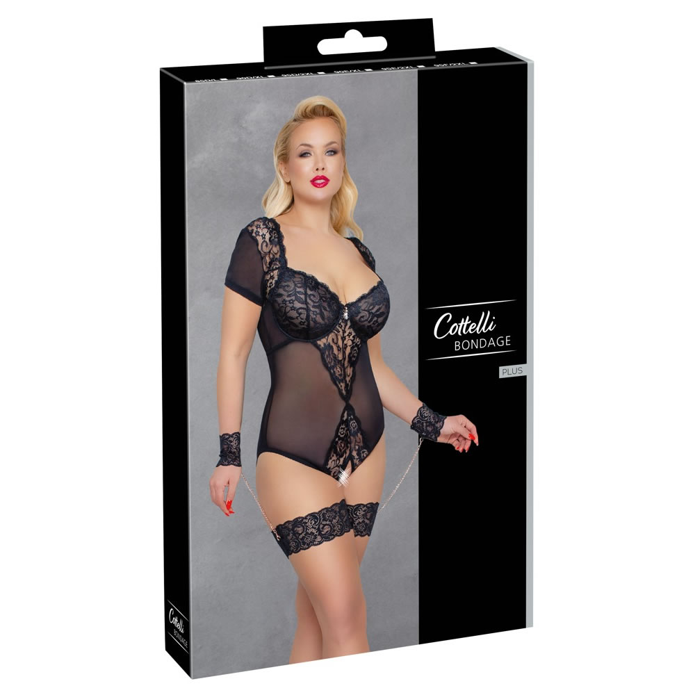 Plus Size Blonde Body med Strømpebånd og Håndjern - Billede 15